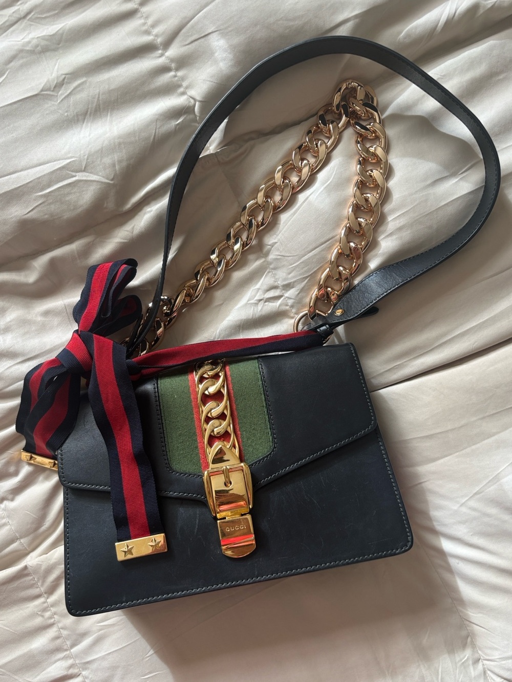 Gucci Sylvie Black Leather Shoulder Bag with Gold Chain and Red-Green Accent